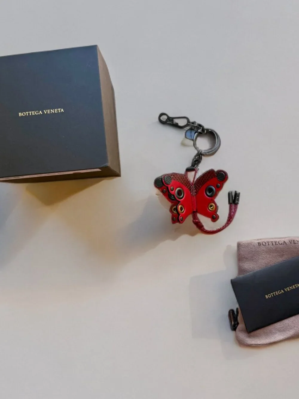 Bottega Veneta Red Leather 3D Butterfly Charm Keyring